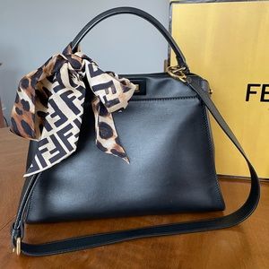 Fendi Medium Peekaboo Black Leather Shoulder Bag and Scarf